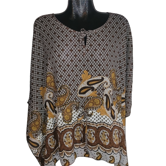 MXM Brown and White Paisley Print Poncho Style Top 1X - Picture 1 of 6
